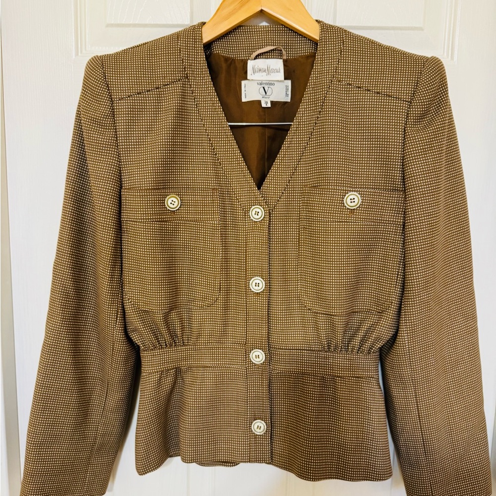 Vintage Valentino Brown Micro-Check Waist-Defined Jacket/Blazer